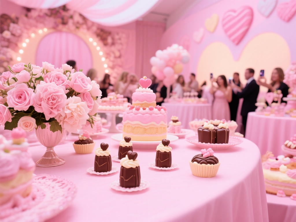 案例分享：某甜品主题派对中，设计师使用了粉色色调的